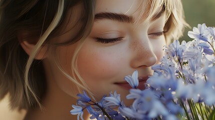 Poster - Photography of a woman cradling a bouquet of bluebells, her face close to the delicate blue flowers, smiling softly, evoking a peaceful atmosphere, 4k resolution, Plain background, cinematic scene