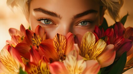 Poster - Photography of a woman cradling a bouquet of red and yellow alstroemeria flowers, her face close to the vibrant blooms, her expression cheerful and warm, 4k resolution, Plain background, cinematic
