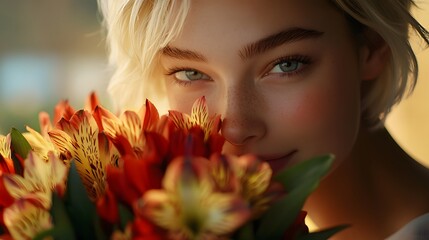 Poster - Photography of a woman cradling a bouquet of red and yellow alstroemeria flowers, her face close to the vibrant blooms, her expression cheerful and warm, 4k resolution, Plain background, cinematic