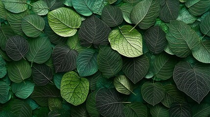 Poster - Artistic depiction of interconnected leaf shapes in various shades of green, representing the intricate network of a sustainable environment, 4k resolution