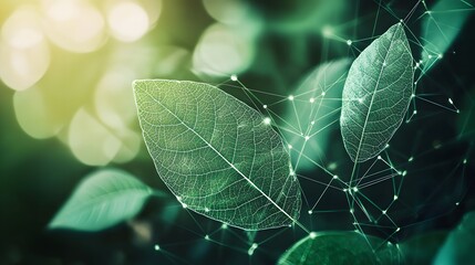 Poster - Artistic depiction of interconnected leaf shapes in various shades of green, representing the intricate network of a sustainable environment, 4k resolution