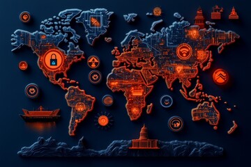 Aufkleber - 2D illustration of a digital world map with cyber threat icons, set on a clean white background for simplicity