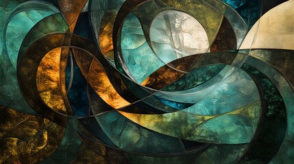 Poster - Abstract design of intertwined shapes in green, brown, and blue, representing the interconnection of water, land, and plant life, 4k resolution