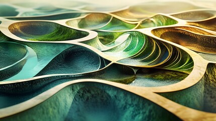 Poster - Abstract design of intertwined shapes in green, brown, and blue, representing the interconnection of water, land, and plant life, 4k resolution