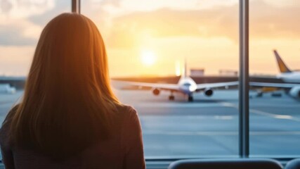 Aufkleber - Businesswoman is sitting at the airport gate, watching an airplane taking off at sunset, contemplating the journey ahead