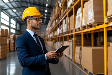 Poster - A business analyst reviewing customer demand data on a tablet while overseeing a production floor, symbolizing demand-pull production