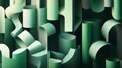 Poster - Abstract geometric shapes arranged in a continuous loop, with gradients from dark to light green, symbolizing resource recycling, 4k resolution