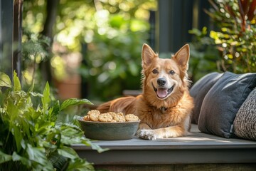 A happy dog with a bowl of treats looks directly at the camera on a sunny afternoon. The dog is enjoying its treats while sitting on a wooden deck. This image captures the joy and happiness that dogs 