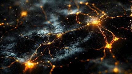 Poster - Abstract representation of an AI algorithm as a web of dynamic connections, with pulsing light effects indicating active data processing, 4k resolution