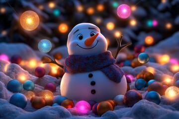 Poster - A fantasy snowman with colorful, floating ornaments around it and shimmering frost on its scarf, set in an enchanted snowy landscape