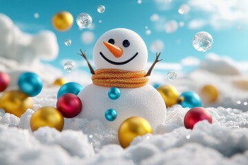 Poster - A fantasy snowman with colorful, floating ornaments around it and shimmering frost on its scarf, set in an enchanted snowy landscape