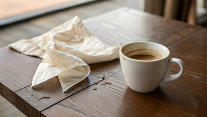 A cozy morning cup of coffee rests on a wooden table with a few stains and a napkin nearby