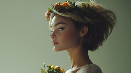 Poster - Photography of a woman standing in profile with a crown of wildflowers in her hair, a dreamy expression on her face as she holds a bouquet, 4k resolution, Plain background, cinematic scene