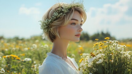 Poster - Photography of a woman standing in profile with a crown of wildflowers in her hair, a dreamy expression on her face as she holds a bouquet, 4k resolution, Plain background, cinematic scene