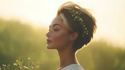 Poster - Photography of a woman standing in profile with a crown of wildflowers in her hair, a dreamy expression on her face as she holds a bouquet, 4k resolution, Plain background, cinematic scene