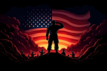 Aufkleber - A retro pixel art scene of a soldier saluting in front of a pixelated American flag, with small characters showing respect in the background