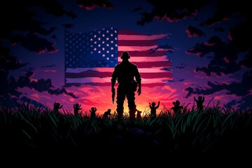 Aufkleber - A retro pixel art scene of a veteran saluting in front of a pixelated American flag, with small characters showing appreciation in the background