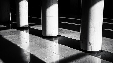 Poster - A dramatic interplay of light and shadow with elegant marble columns in a spacious urban space during late afternoon
