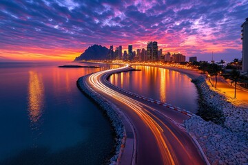 Poster - Busy cityscape with lights turning on as dawn breaks, symbolizing the universal call to wake up and start the day