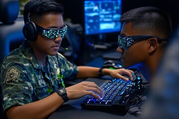 Poster - Close-up of hands typing with screens reflected in their glasses, capturing the intensity of cyber intelligence work