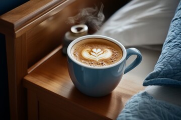 Poster - Cup of steaming coffee on a bedside table, suggesting a comforting wake-up call to start the day