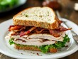 © Bijac - a mouthwatering turkey sandwich layered with bacon and fresh lettuce, elegantly arranged on a white plate, sliced in half to reveal its delicious contents, inviting the viewer to indulge