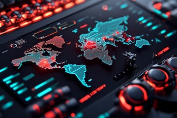 Poster - Detailed image of a global threat map on a large digital screen, showing accurate data locations and threat zones