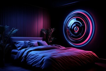 Poster - Digital hologram showing a futuristic alarm system in a cyberpunk room, representing a technologically advanced wake-up call