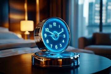 Poster - Futuristic holographic alarm clock display projecting a wake-up call time into the air in a modern bedroom