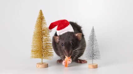 Wall Mural - Black rat in red Santa Claus hat eating food. Mouse and toy Christmas trees isolated on white background. Christmas holiday concept