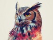 © Bijac - a vibrant abstract illustration of an owl's portrait, infused with colorful double exposure paint effects, merging nature and art in a striking visual experience