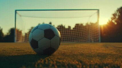 Poster - Soccer ball on a green field at sunset, creating a dramatic scene. Captures the passion of the sport, ideal for sports or motivation themes