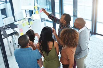 Poster - Creative agency, glass and collaboration in office for planning, brainstorming and project management. Business people, teamwork and research in workplace for discussion, development and strategy