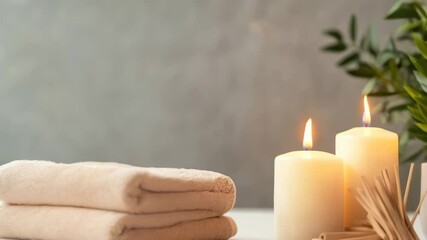 Poster - Setting a tranquil mood, fluffy towels sit beside burning candles and incense sticks, evoking the serene atmosphere of a spa and promoting wellness