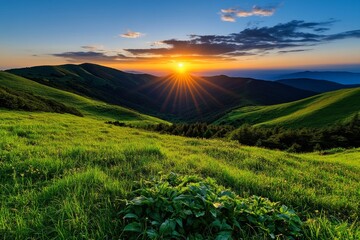 Poster - Mountain landscape with the first light of dawn, symbolizing a call to rise and embrace the day