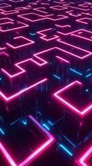 Poster - Dynamic neon maze with vibrant pink and blue glowing lines creating a futuristic atmosphere in a dark setting