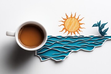 Poster - Simple drawing of a cup of coffee and a sun rising through a window, set against a clean white background