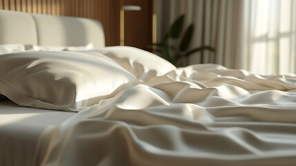 Aufkleber - Luxurious White Bedding with Soft Shadows and Elegant Room Decor in a Minimalist Setting : Generative AI