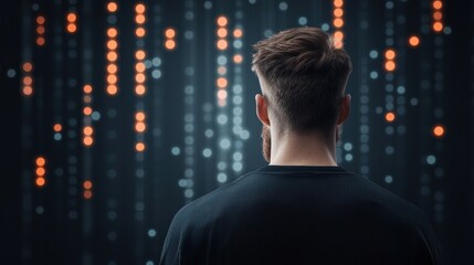 A human figure silhouetted against a backdrop of binary code and glowing circuits, representing the ethical dilemmas and questions surrounding AI development.