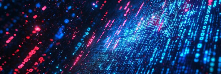 Abstract Digital Background with Glowing Data and Binary Code in Blue and Red Colors. AI generated illustration