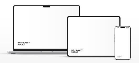 Leinwandbilder - Modern laptop mockup front view and high quality smartphone and tablet mockup isolated on white background. Notebook mockup and phone device mockup for ui ux app and website presentation.Stock Vector.