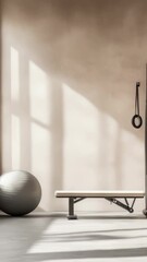 Poster - Sunlight streams into a minimalist gym illuminating a weight bench, fitness ball, and gymnastic rings, creating a serene atmosphere ideal for promoting health and fitness