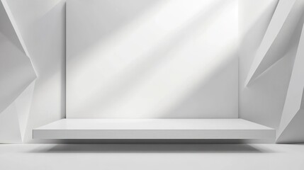 Poster - A minimalist white display area with angular walls and a flat shelf for showcasing items.
