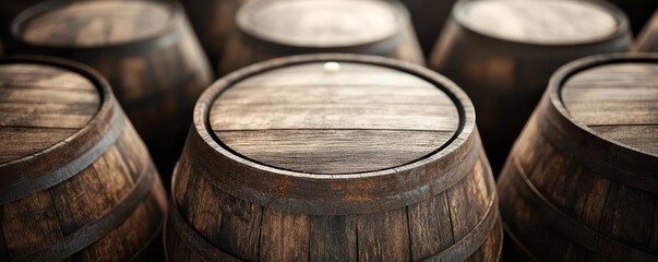 Close-up of traditional wooden barrels, dark vintage wood grain, aged appearance, rustic background, warm lighting