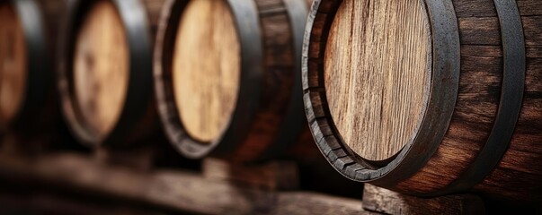 Wall Mural - Close-up of traditional wooden barrels, dark vintage wood grain, aged appearance, rustic background, warm lighting