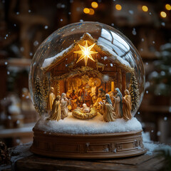 Canvas Print - Classic Transparent Snow Globe Featuring A Nativity Scene With A Glowing Star Above, Surrounded By Soft, Falling Snow