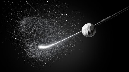 Wall Mural - Golf ball with blue particles, abstract lines, digital drawing