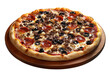 © Monktwins - Salami pizza with olives and cheese on a wooden plate isolated on a transparent background, png cutout.