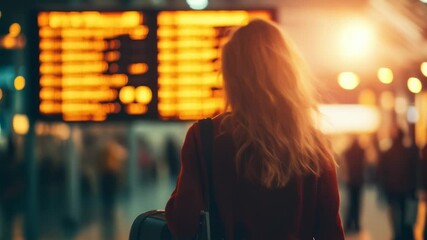Poster - Businesswoman with carry on luggage looking at timetable of arrivals and departures at airport terminal while waiting to board her airplane for her business trip