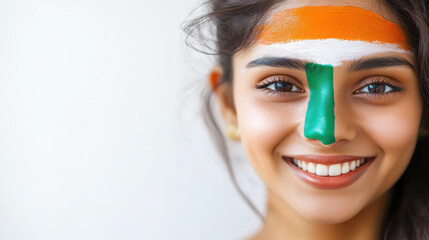 Patriotic expression: young woman with indian flag face paint for independence day